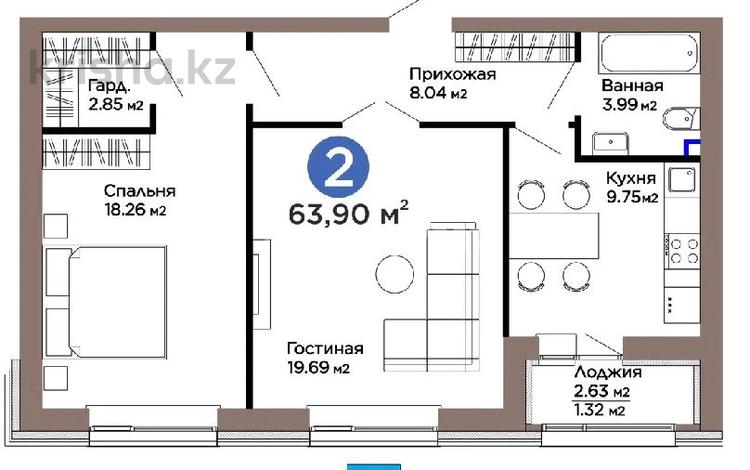 2-бөлмелі пәтер · 63.9 м² · 9/9 қабат, Турар Рыскулов 18/5 — Кайсенова, бағасы: 48 млн ₸ в Астане, Есильский р-н — фото 2