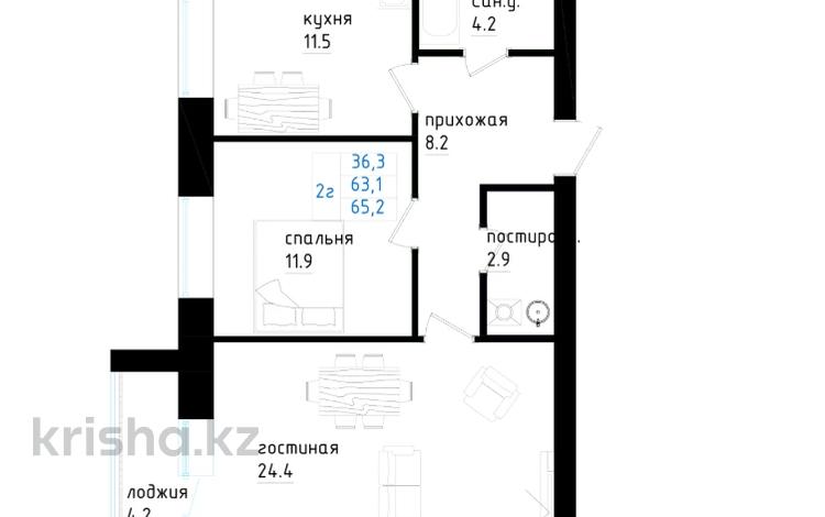 2-бөлмелі пәтер · 65.2 м² · 1/5 қабат, Кенжетаева 24 — Сулейменова, бағасы: ~ 22.2 млн ₸ в Кокшетау — фото 2