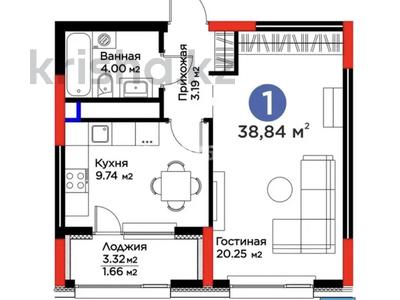 1-комнатная квартира · 38.84 м² · 3/19 этаж, Туран 57а за 30 млн ₸ в Астане, Нура р-н