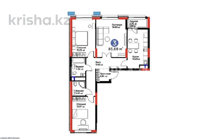 3-комнатная квартира · 86 м² · 10/22 этаж, Просп. Туран 57/1 за 66 млн ₸ в Астане, Есильский р-н — фото 2