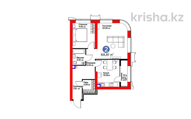 2-бөлмелі пәтер · 69 м² · 3/23 қабат, Кунаева, бағасы: ~ 78.3 млн ₸ в Шымкенте, Аль-Фарабийский р-н — фото 2