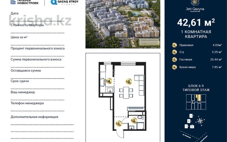 1-бөлмелі пәтер · 42.61 м² · 7/9 қабат, мкр Кайрат, Сыбызгы 100, бағасы: 30 млн ₸ в Алматы, Турксибский р-н — фото 2