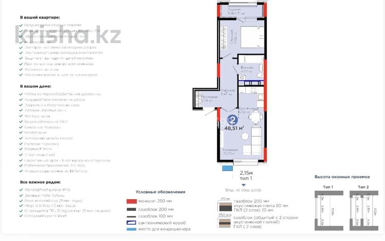 2-комнатная квартира · 48.5 м² · 12/14 этаж, Улы Дала 14 за 27.9 млн ₸ в Астане, Нура р-н — фото 2