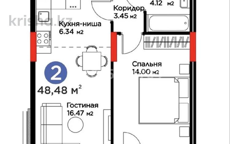 2-комнатная квартира · 48.48 м² · 14/14 этаж, Е 915 13 за 27.5 млн ₸ в Астане, Есильский р-н — фото 2
