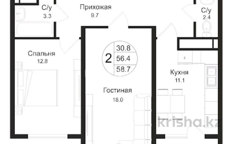 2-комнатная квартира, 58.7 м², 4/12 этаж, Кошкарбаева 1140 за 31.5 млн 〒 в  — фото 2