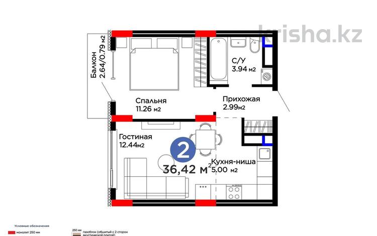 2-бөлмелі пәтер · 36.42 м² · 7/9 қабат, Улы дала 16 — По Улы дала, бағасы: 26 млн ₸ в Астане, Нура р-н — фото 2