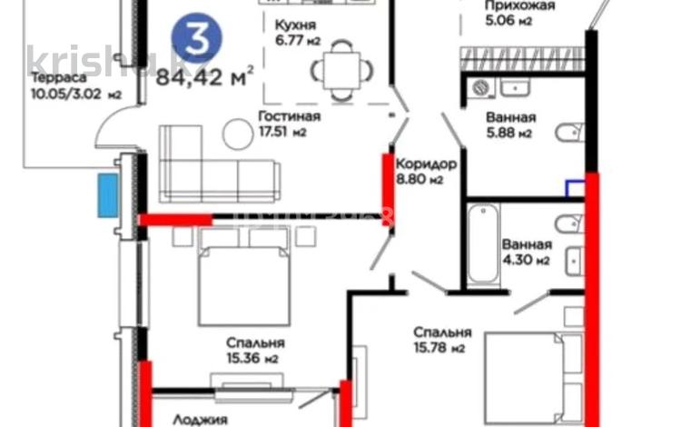 3-бөлмелі пәтер · 84.4 м² · 2/20 қабат, Турар Рыскулова 1/1, бағасы: 109 млн ₸ в Астане, Есильский р-н — фото 2