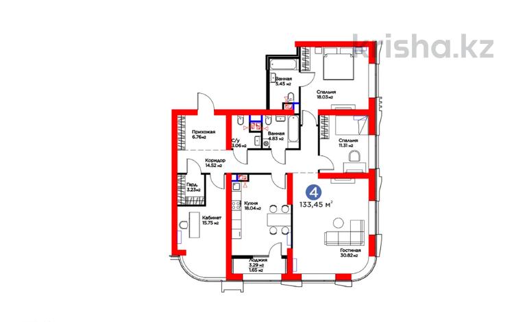 4-комнатная квартира · 134 м² · 5/23 этаж, Кунаева за ~ 152.8 млн ₸ в Шымкенте, Аль-Фарабийский р-н — фото 2