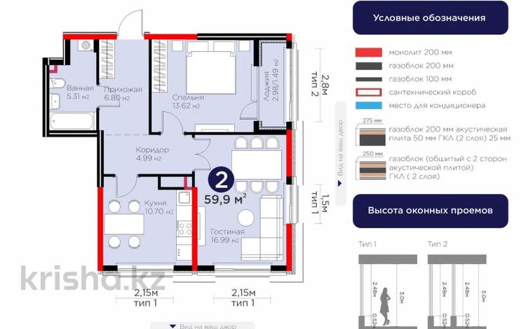2-комнатная квартира · 60 м² · 2/17 этаж, Е-908 за 33 млн ₸ в Астане, Нура р-н — фото 2