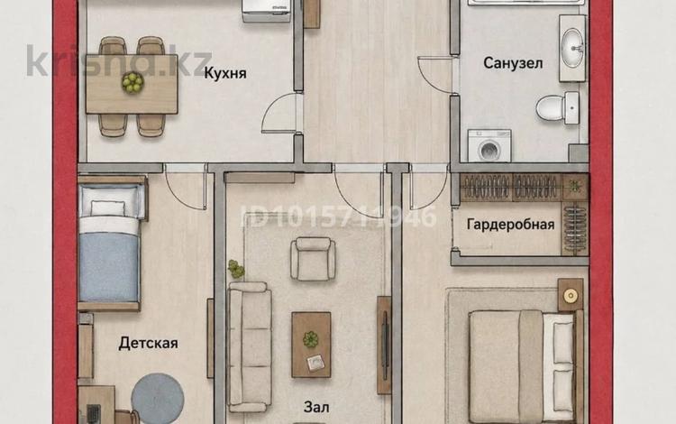 3-комнатная квартира · 66 м² · 6/12 этаж, Ахмет Байтурсынулы 61 за 42.5 млн ₸ в Астане, Сарайшык р-н — фото 2