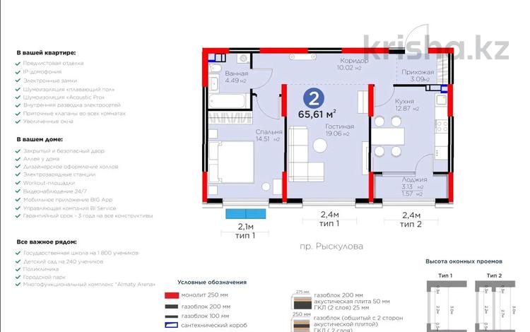 2-бөлмелі пәтер · 64.4 м² · 4/7 қабат, мкр Ботакоз 2/1, бағасы: 46 млн ₸ в Алматы, Алатауский р-н — фото 2