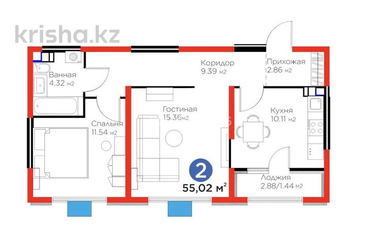 2-комнатная квартира · 55.5 м² · 6/6 этаж, Тараз 22 — Кулинский тракт на расколола за 41.5 млн 〒 в Алматы, Турксибский р-н — фото 2