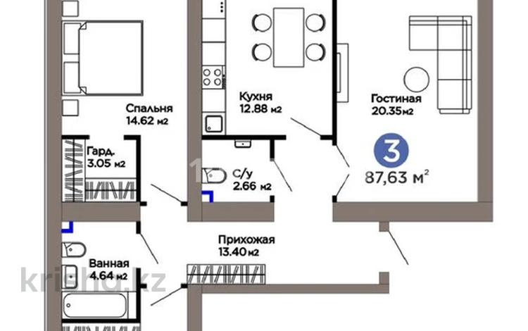 3-бөлмелі пәтер · 87.6 м² · 6/9 қабат, Турар Рыскулов 18/5, бағасы: 63.5 млн ₸ в Астане, Есильский р-н — фото 2