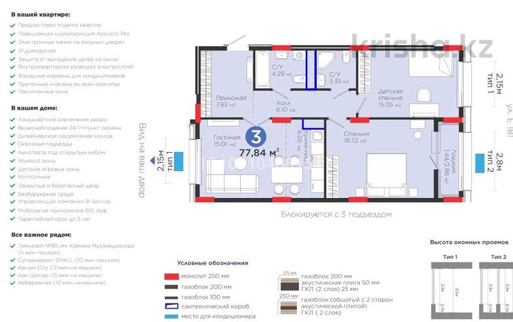 3-бөлмелі пәтер · 77.84 м² · 6/9 қабат, Шоссе Коргалжын 24/2, бағасы: 43 млн ₸ в Астане, Нура р-н — фото 2
