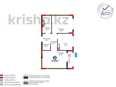 2-комнатная квартира · 57.8 м² · 8/9 этаж, Е 101 5 за 57 млн ₸ в Астане, Нура р-н