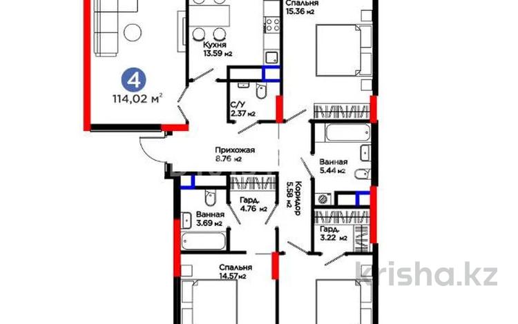 4-бөлмелі пәтер · 115 м² · 5/9 қабат, Турар Рыскулов, бағасы: 79.5 млн ₸ в Астане, Есильский р-н — фото 2