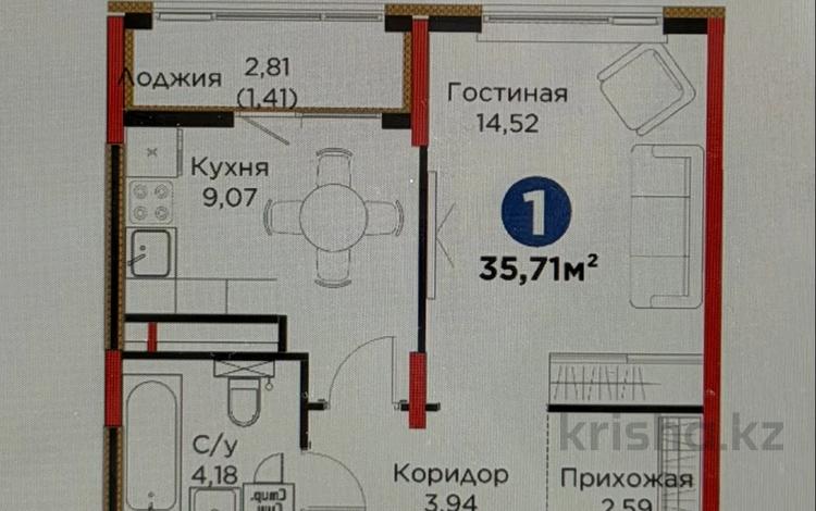 1-комнатная квартира · 35.71 м² · 6/9 этаж, Е101 4/2 за ~ 24.7 млн ₸ в Астане, Есильский р-н — фото 2