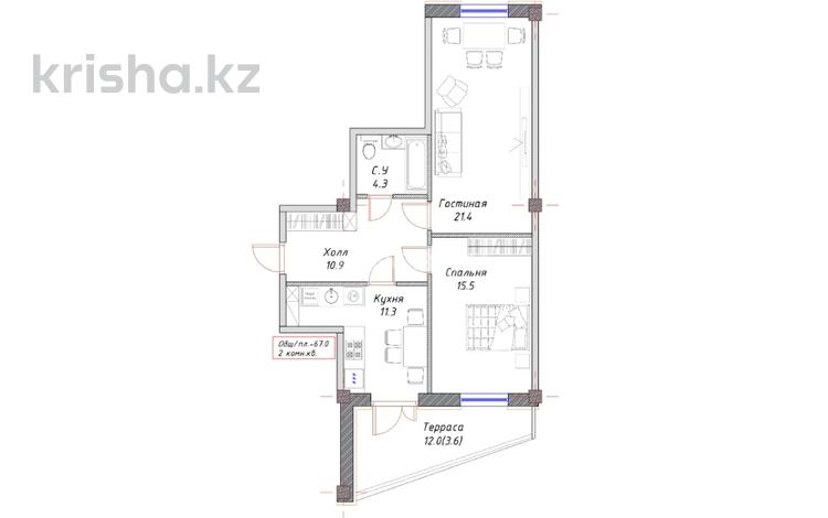 2-бөлмелі пәтер · 67.6 м² · 3/3 қабат, 32 2/2, бағасы: 26.5 млн 〒 в Туркестане — фото 2