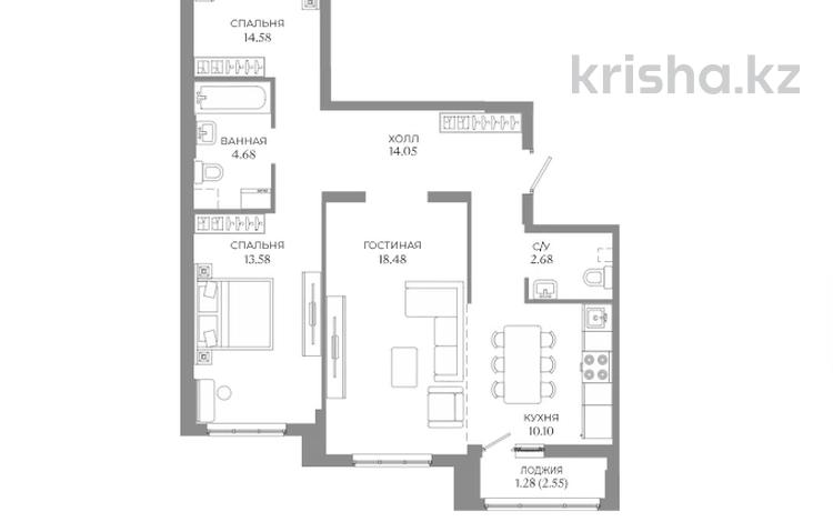 3-бөлмелі пәтер · 78.6 м² · 6/9 қабат, Толе би 43, бағасы: ~ 42.2 млн ₸ в Астане, Нура р-н — фото 2