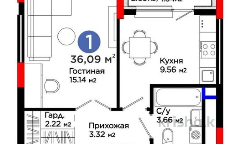 1-бөлмелі пәтер · 36.59 м² · 2 қабат, Туран 57д — Барыс Арена, бағасы: 33 млн ₸ в Астане, Нура р-н — фото 2