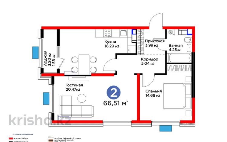 2-бөлмелі пәтер · 66.51 м², Байдибек би, бағасы: ~ 30.7 млн 〒 в Шымкенте, Абайский р-н — фото 2