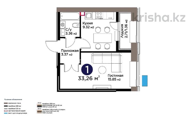 1-комнатная квартира · 33 м² · 5/14 этаж, Е 101 5 за 24 млн ₸ в Астане, Нура р-н — фото 2