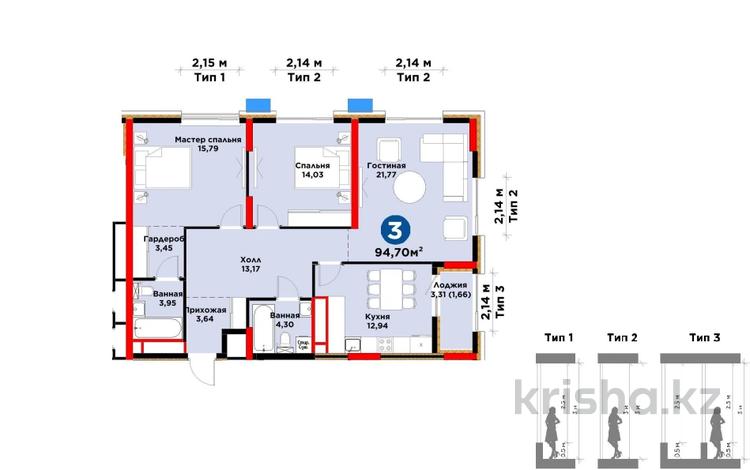 3-комнатная квартира · 95 м² · 14/16 этаж, Е-899 10 — САМАЯ НИЗКАЯ ЦЕНА за 73 млн ₸ в Астане, Нура р-н — фото 3