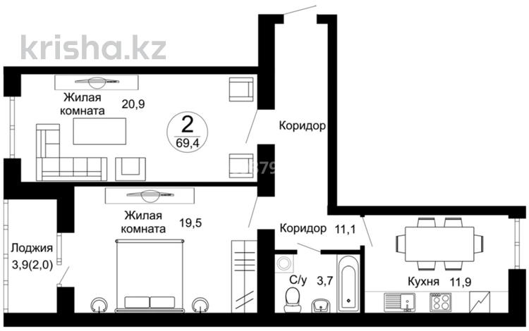 2-комнатная квартира, 70 м², 5/9 этаж, мкр Юго-Восток, Муканова 55/2 за 25.5 млн 〒 в Караганде, Казыбек би р-н — фото 2