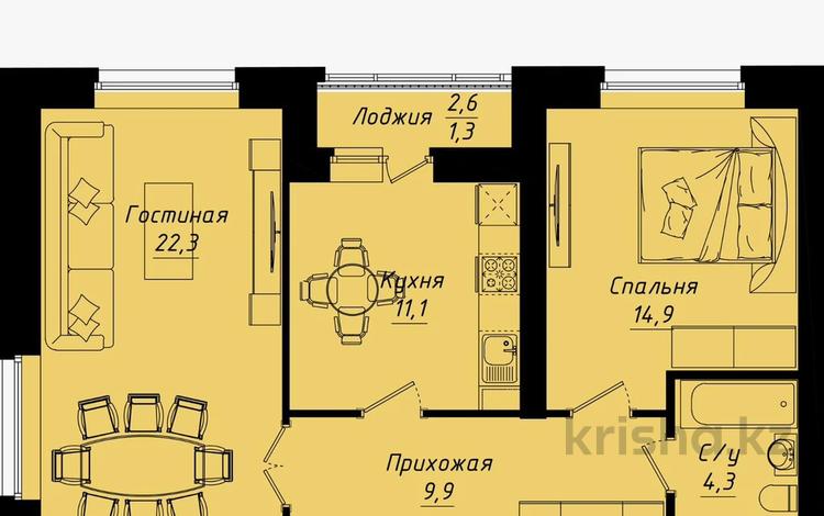 2-комнатная квартира · 63.8 м² · 7/12 этаж, Пересечение ул Казыбек Би и Е75,Е77 (рядом с пересечением улиц Туран и Улы дала) 40 за 35.8 млн ₸ в Астане, Нура р-н — фото 2