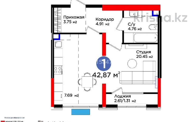 1-комнатная квартира · 42.87 м² · 4 этаж, Нурсултана Назарбаева 2 — Байтерекова-пр-т Назарбаева за 25 млн 〒 в Шымкенте, Каратауский р-н — фото 3