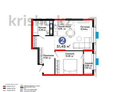 2-комнатная квартира · 52 м², Калдаякова за 30 млн ₸ в Шымкенте, Туран р-н