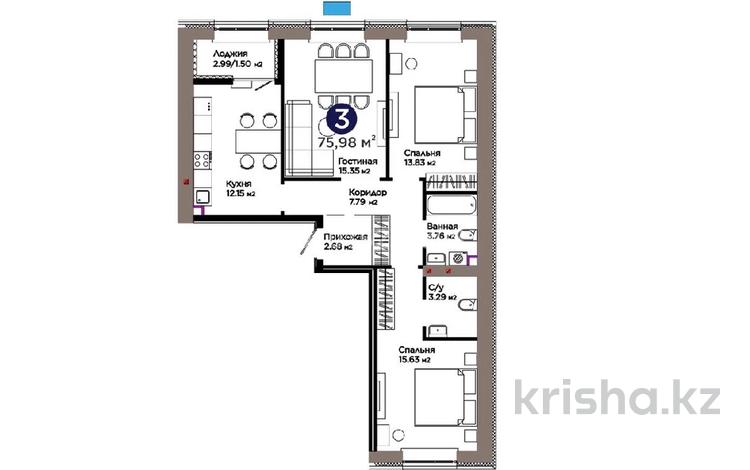 3-комнатная квартира · 76 м² · 6/9 этаж, Е 909 29 за 40 млн ₸ в Астане, Нура р-н — фото 2