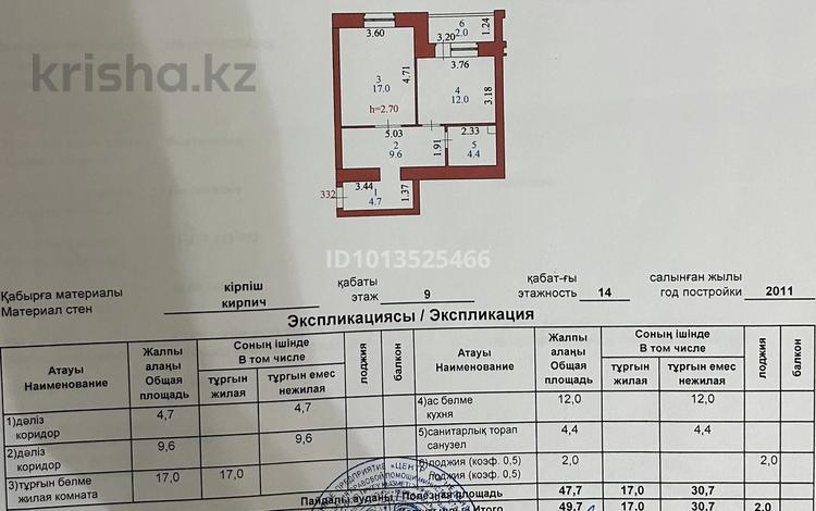 1-комнатная квартира · 49.7 м² · 9/14 этаж, косшыгулулы 7 за 21 млн ₸ в Астане, Сарыарка р-н — фото 2