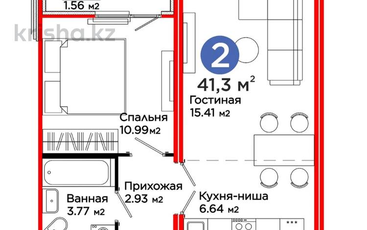 2-комнатная квартира, 41.3 м², Е 652 18 — 13 559 616 при 100% оплате за ~ 14.1 млн 〒 в Астане, Есильский р-н — фото 2