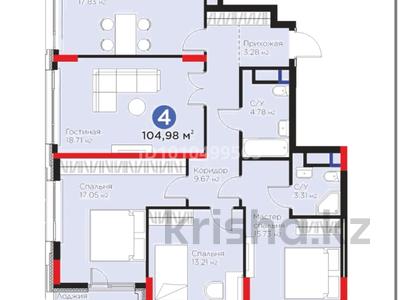 4-комнатная квартира · 104.98 м² · 11/17 этаж, Жошы Хан 10 — Бухар Жырау за 80 млн 〒 в Астане, Есильский р-н