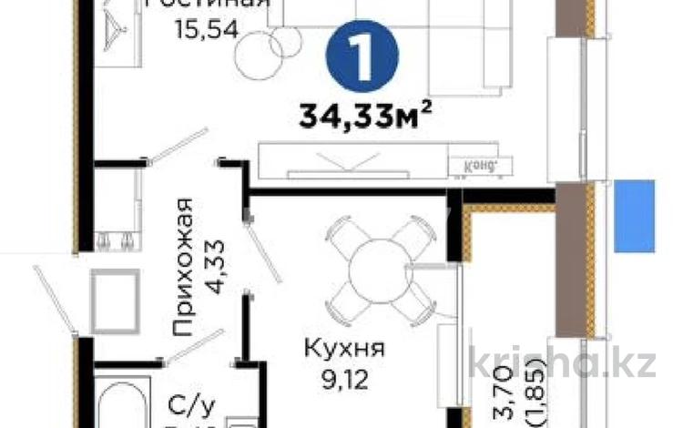 1-бөлмелі пәтер · 34.33 м² · 11/12 қабат, Хусейн бен Талал 1, 11/1-2, бағасы: 23 млн ₸ в Астане, Нура р-н — фото 2