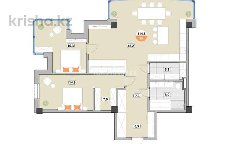 3-бөлмелі пәтер, 114.5 м², 2/7 қабат, мкр Горный Гигант, Жамакаева 254/2 — Пр. Аль-Фараби - ул. Нурлан Каппарова, бағасы: ~ 126 млн 〒 в Алматы, Медеуский р-н — фото 2