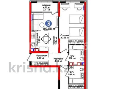 3-бөлмелі пәтер · 80.58 м² · 6/9 қабат, Рыскулова 33 — Рыскулова, бағасы: 55 млн ₸ в Шымкенте