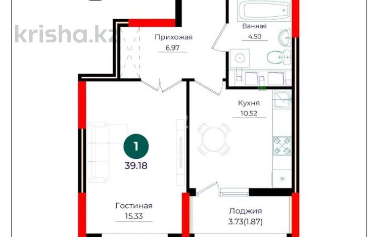 1-комнатная квартира · 39 м² · 5/12 этаж, Е 882 за 22 млн ₸ в Астане, Нура р-н — фото 2