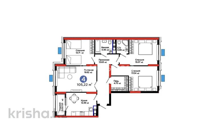 4-комнатная квартира · 105.22 м² · 2/12 этаж, Калдаякова 30 за 60 млн ₸ в Шымкенте, Туран р-н — фото 2