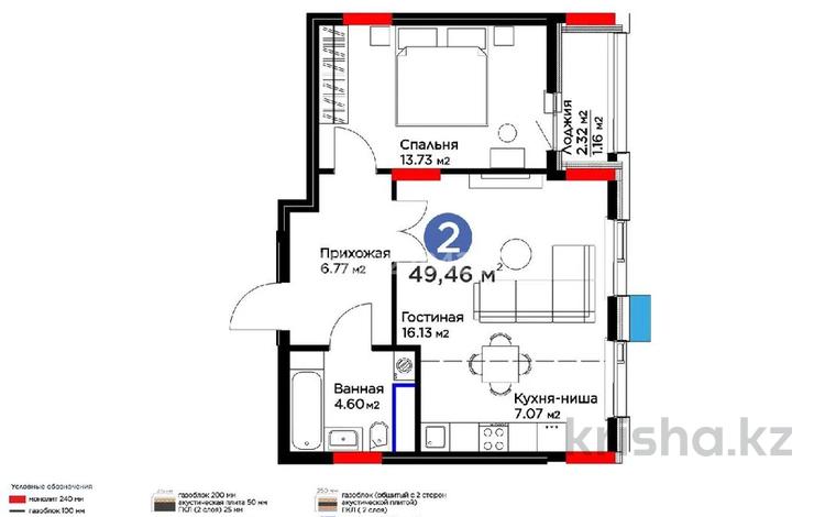 2-комнатная квартира, 49.46 м², 8/9 этаж, Анет баба 8 за 25 млн 〒 в Астане, Нура р-н — фото 2