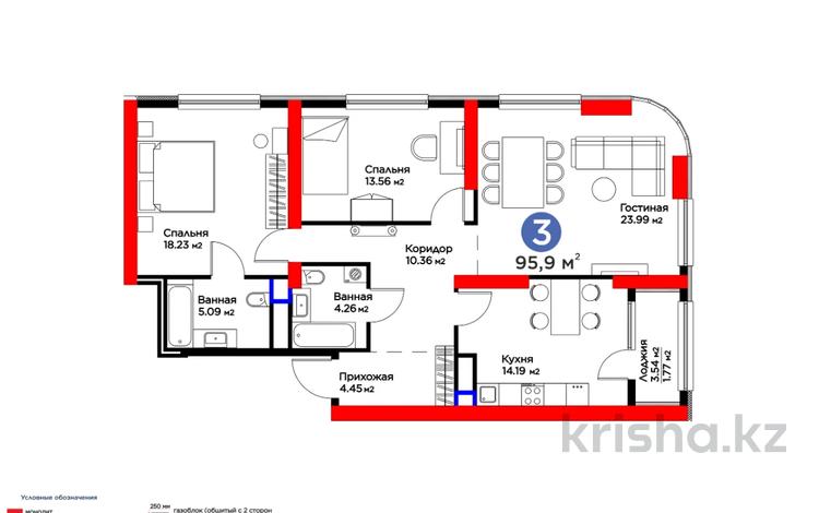 3-комнатная квартира, 95.9 м², 3/25 этаж, Кунаева за ~ 82.7 млн 〒 в Шымкенте, Аль-Фарабийский р-н — фото 2