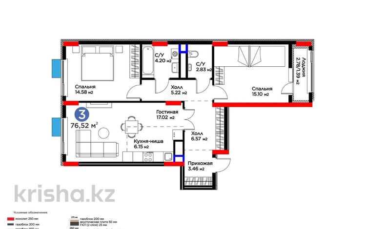 3-комнатная квартира · 76.52 м² · 3/8 этаж, Сагадат Нурмагамбетов 17 — Лучшая цена за 46.5 млн 〒 в Астане — фото 2