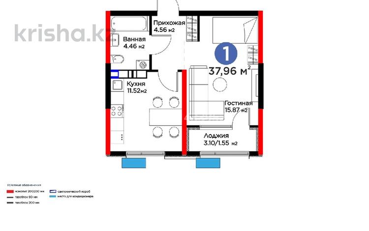 1-бөлмелі пәтер · 37.96 м² · 5/12 қабат, Туркия 3/1 — Туркия улица, бағасы: 22 млн ₸ в Шымкенте, Абайский р-н — фото 2