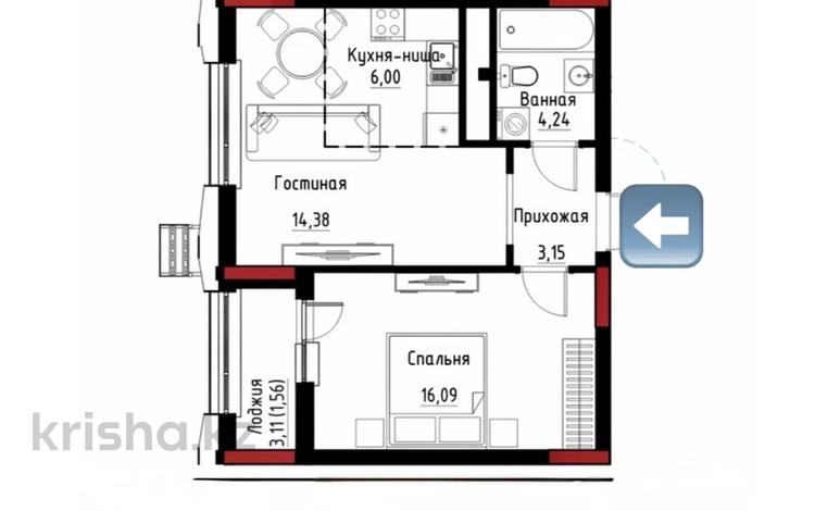 2-комнатная квартира · 45.42 м² · 12/12 этаж, хусейн Бен талал 33 за 34.5 млн ₸ в Астане, Есильский р-н — фото 2