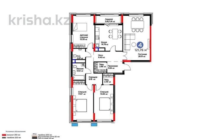 4-комнатная квартира · 122 м² · 11/14 этаж, Бухар Жырау 33 за 117 млн ₸ в Астане, Есильский р-н — фото 2