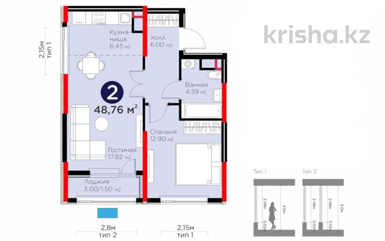 2-бөлмелі пәтер · 49 м² · 6/17 қабат, Е 908 23 — комфорт + класс - потолки 3 м, бағасы: 28 млн ₸ в Астане, Нура р-н — фото 3