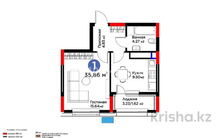 1-бөлмелі пәтер · 35.8 м² · 9 қабат, Сагадат Нурмагамбетов 17, бағасы: 24 млн ₸ в Астане — фото 2