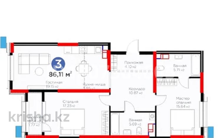 3-комнатная квартира · 83.11 м² · 5/9 этаж, 18-й микрорайон, Рыскулова 95 — Рыскулова за 54 млн 〒 в Шымкенте, Аль-Фарабийский р-н — фото 2