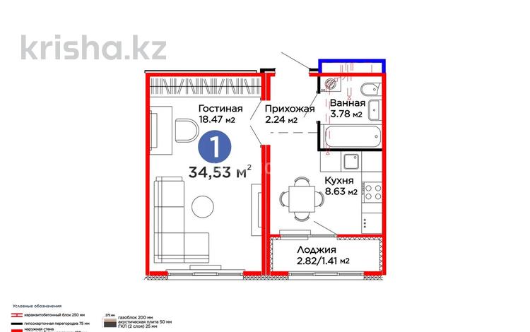 1-комнатная квартира · 34.53 м² · 9/9 этаж, Улы Дала 14 — айтматова за 23 млн ₸ в Астане, Нура р-н — фото 2